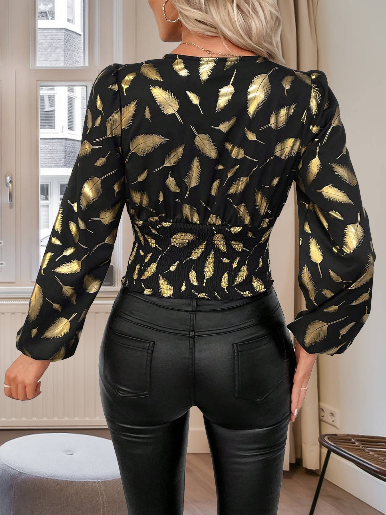 Feather print cable waist long sleeve shirt