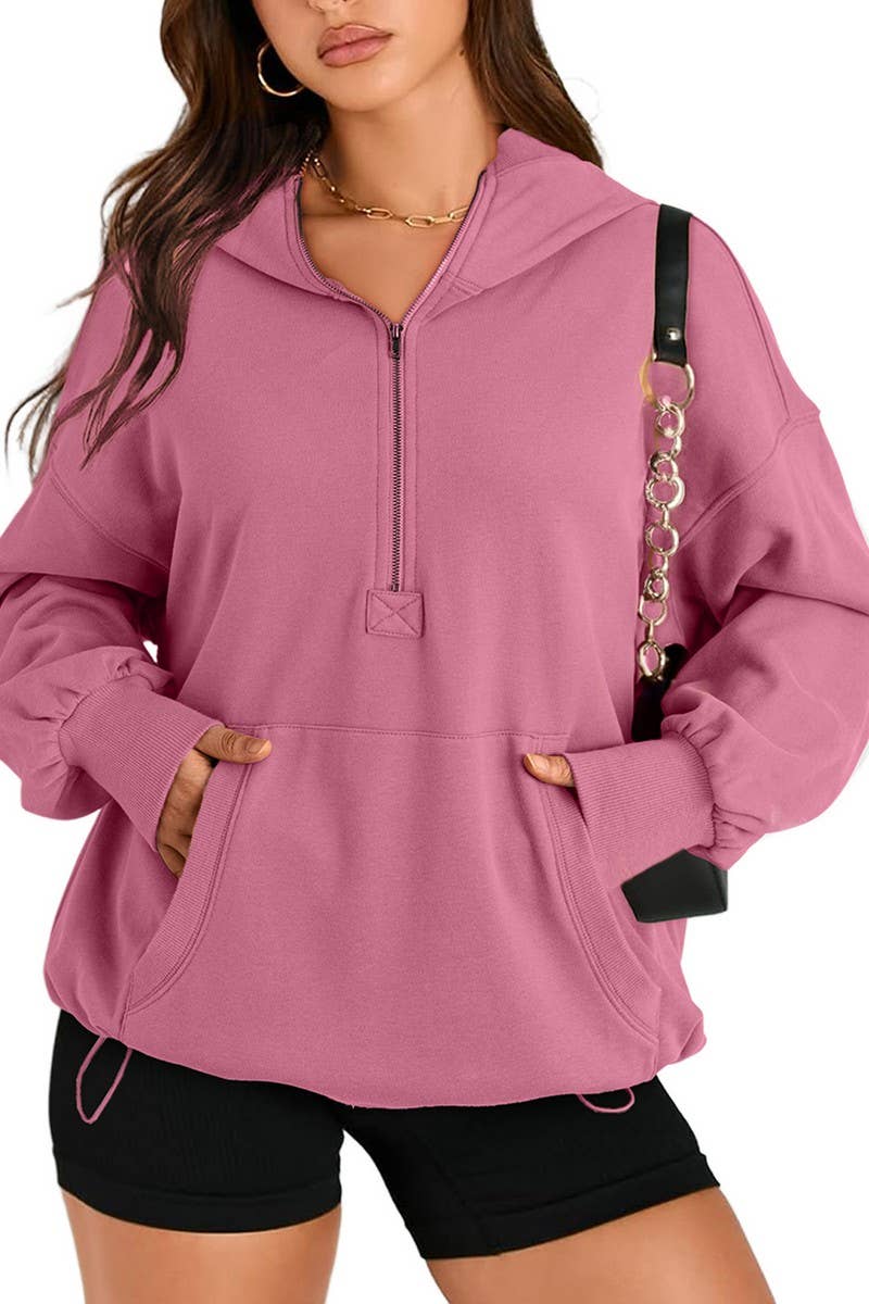 CWOHOL0935_SOLID COLOR HOODED ZIPPER POCKET SWEATSHIRT