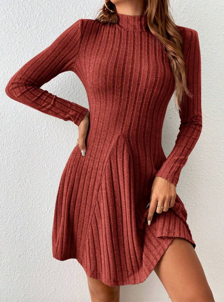 KNIT CASUAL SEMI-TURTLENECK PIT STRIPE DRESS