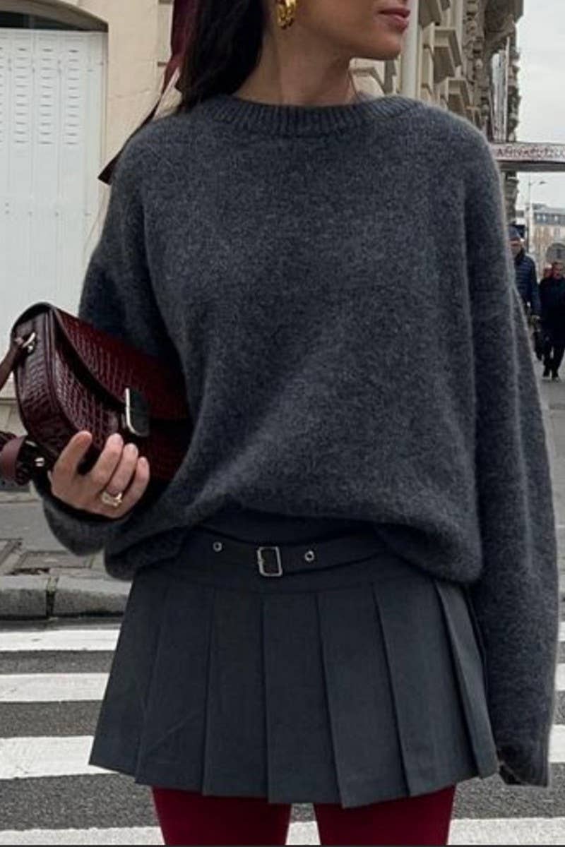 CWOSWL07523_SOLID COLOR LONGSLEEVED KNITTED PULLOVER SWEATER