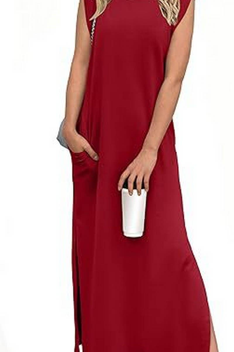 CWDMD5904_SLEEVELESS SPLIT HEM POCKET MAXI BEACH DRESS