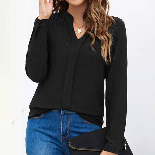 SMALL STAND COLLAR V-NECK PLEATED CASUAL SHIRT