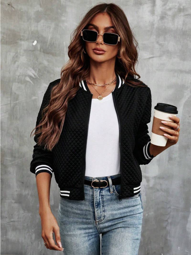 STAND-UP COLLAR PLAID ZIPPER BASEBALL JACKET