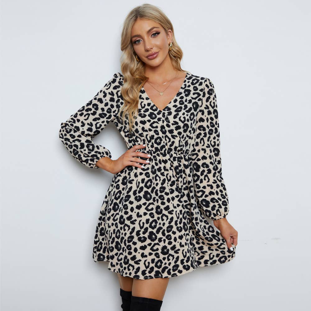V-neck leopard print long-sleeved dress