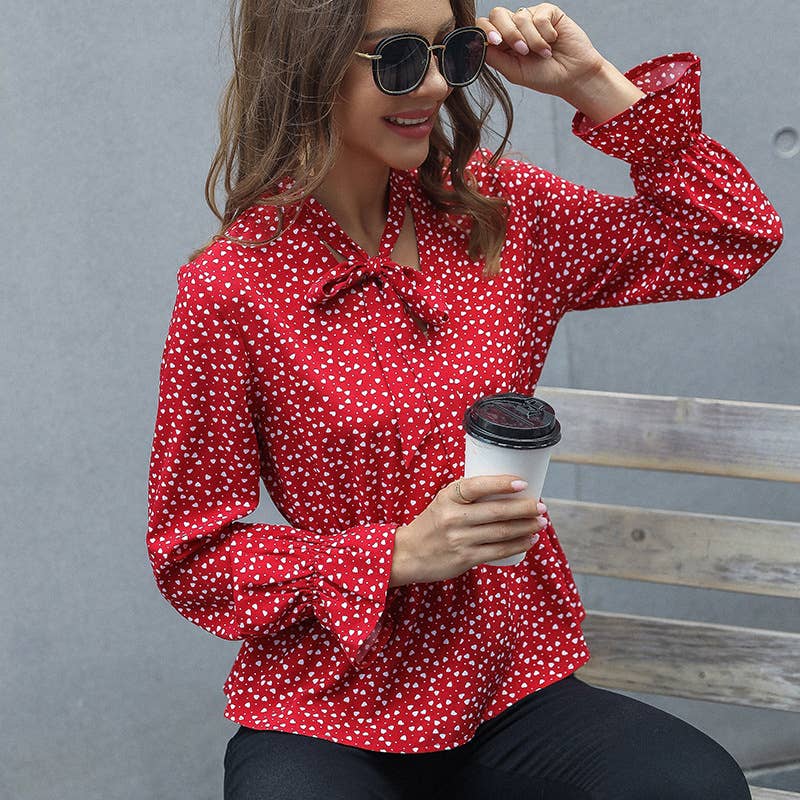 SLIM-FIT PRINTED LACE-UP JUMPER RED CHIFFON SHIRT