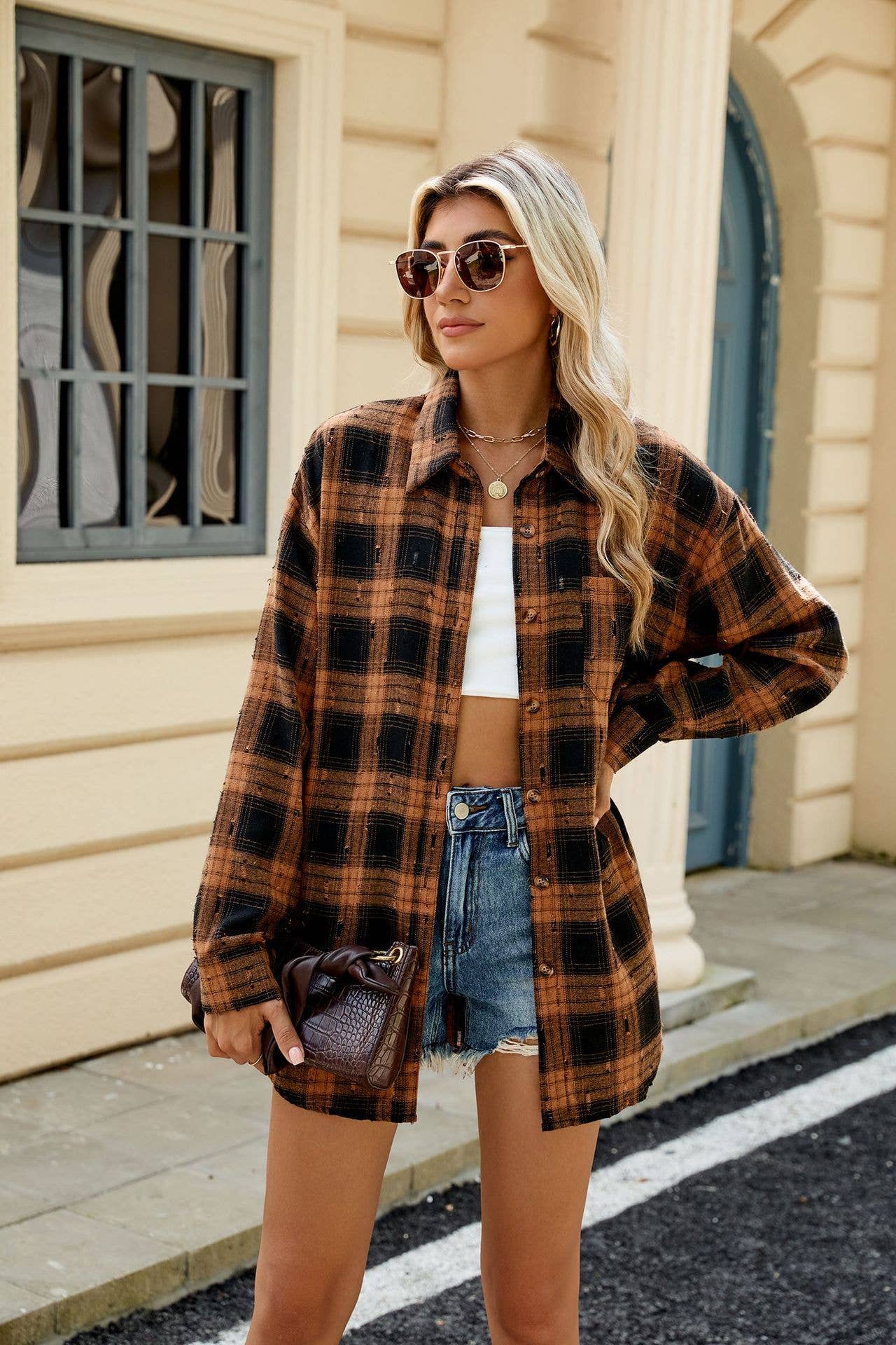 VINTAGE CROCHETED LONG-SLEEVED LAPEL PLAID SHIRT