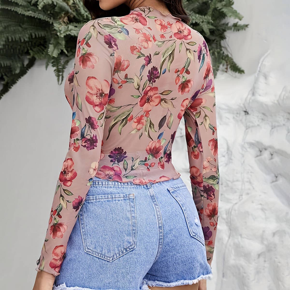 SEMI SHEER FLORAL PRINT MESH LACE SLIM FIT TOP