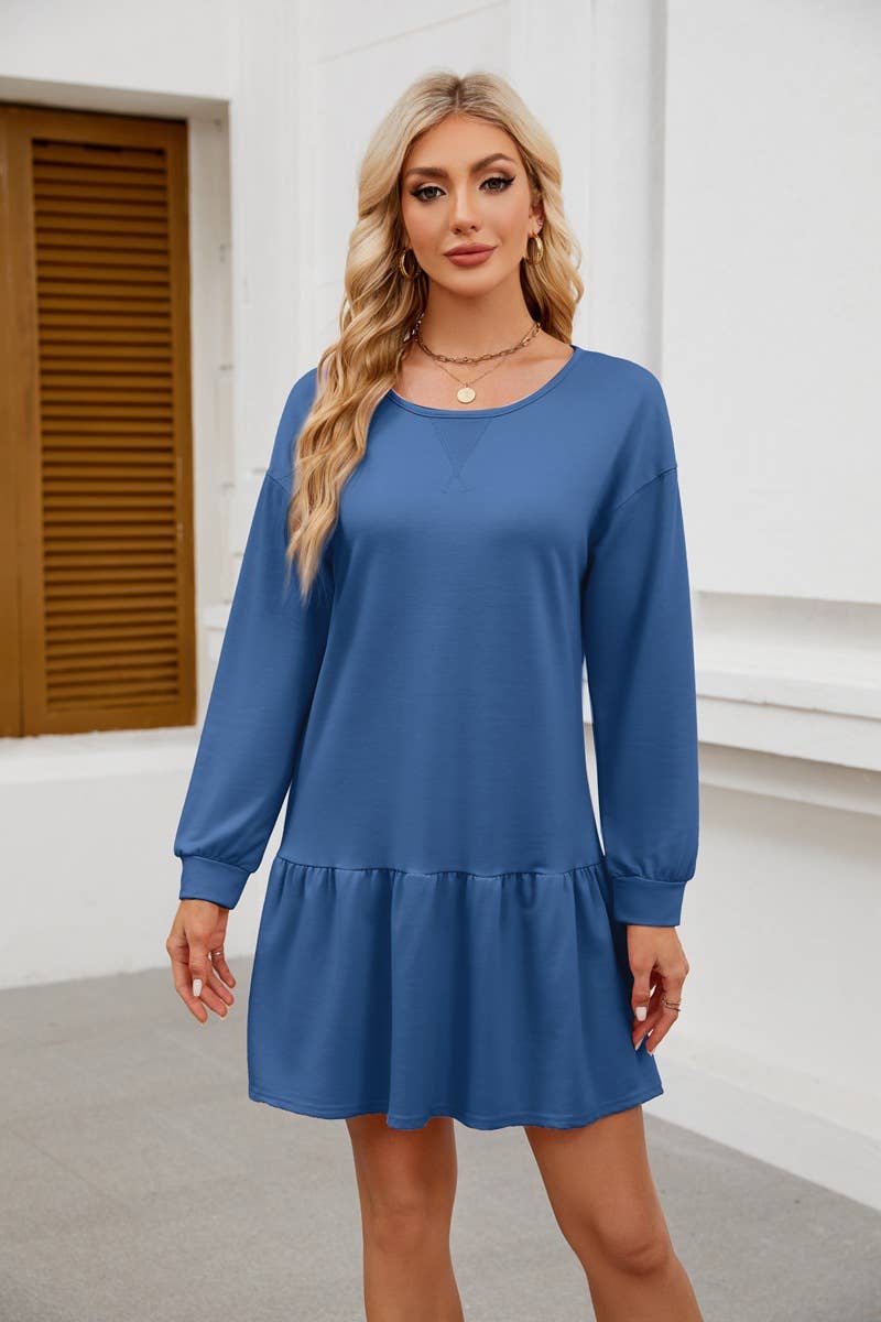 ROUND NECK LONG SLEEVE SOLID COLOR SHORT DRESS
