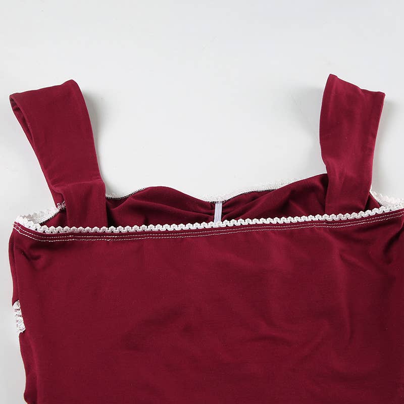 Lace contrast color pleated sleeveless T-shirt