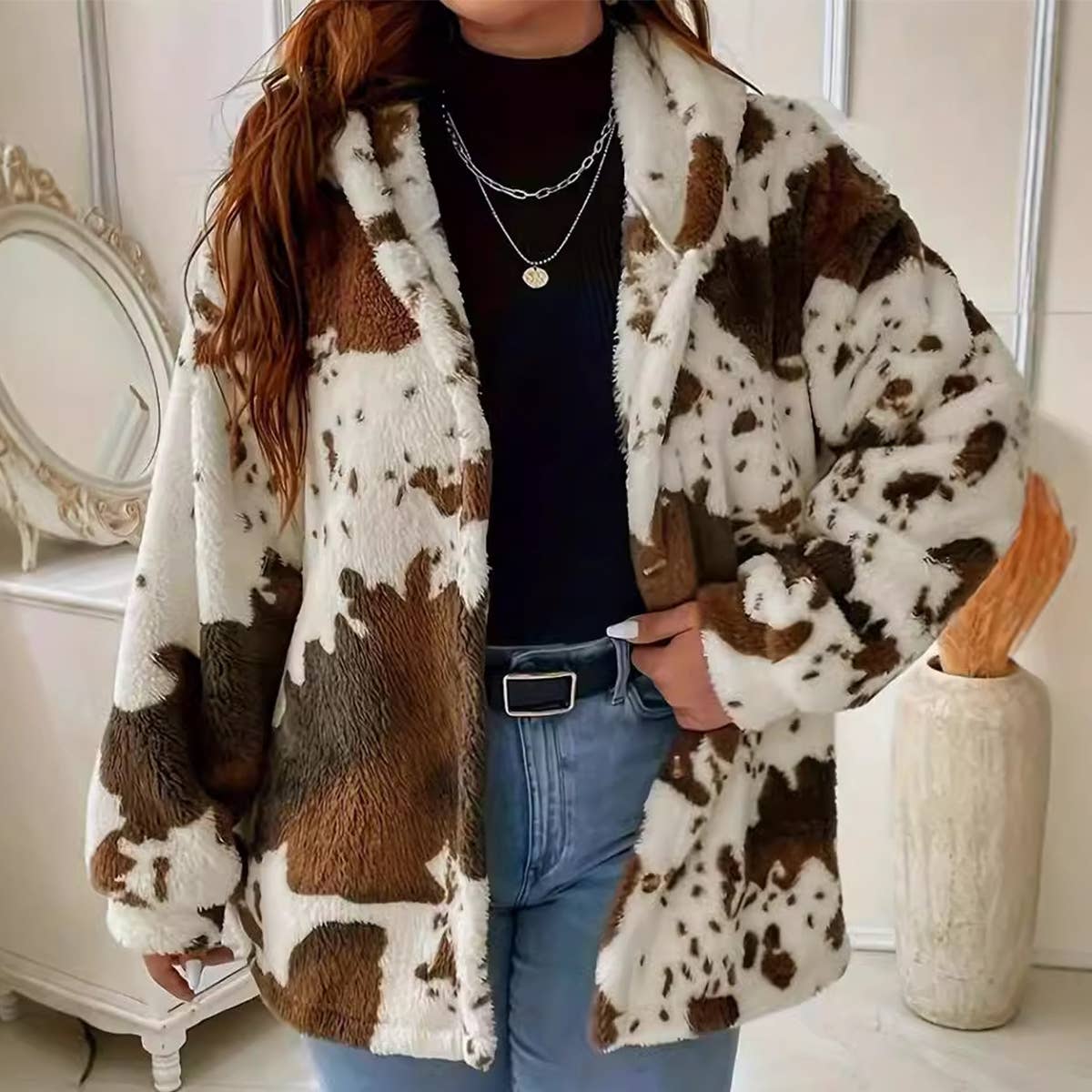 FASHION PLUSH FEMALE COW PRINT ZIPPER HOODIE