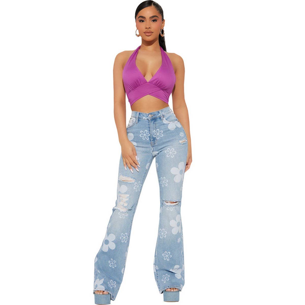 FLOWER PRINTED DENIM SLIM FLARED PANTS_CWJP0091