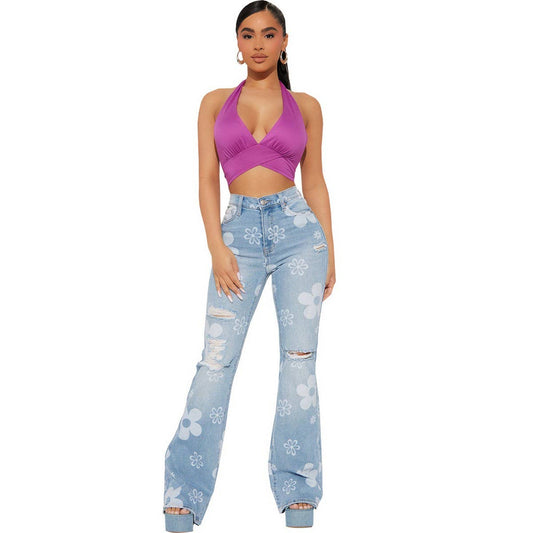 FLOWER PRINTED DENIM SLIM FLARED PANTS_CWJP0091