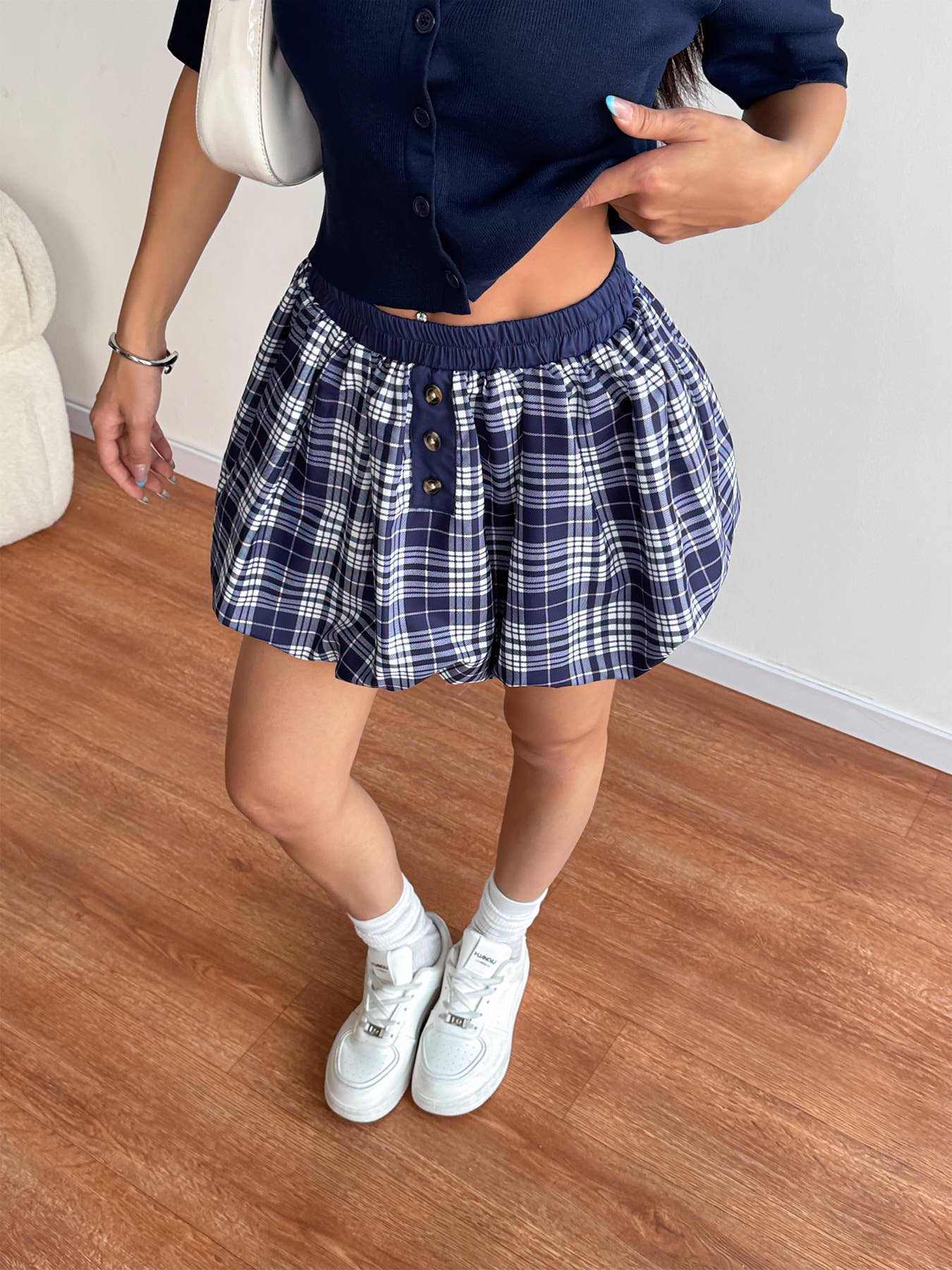 Retro checkered short flower bud skirt