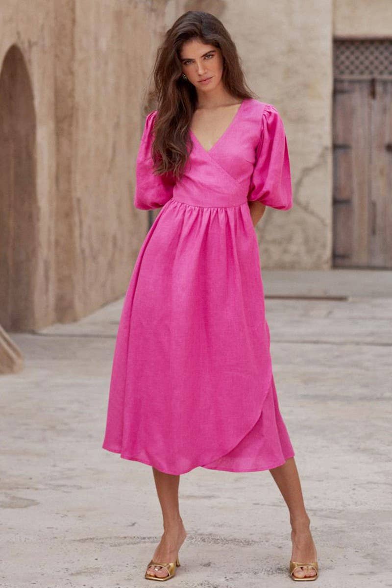 CWDMD5246_COTTON TIE-BACK PUFF SLEEVE MAXI DRESS