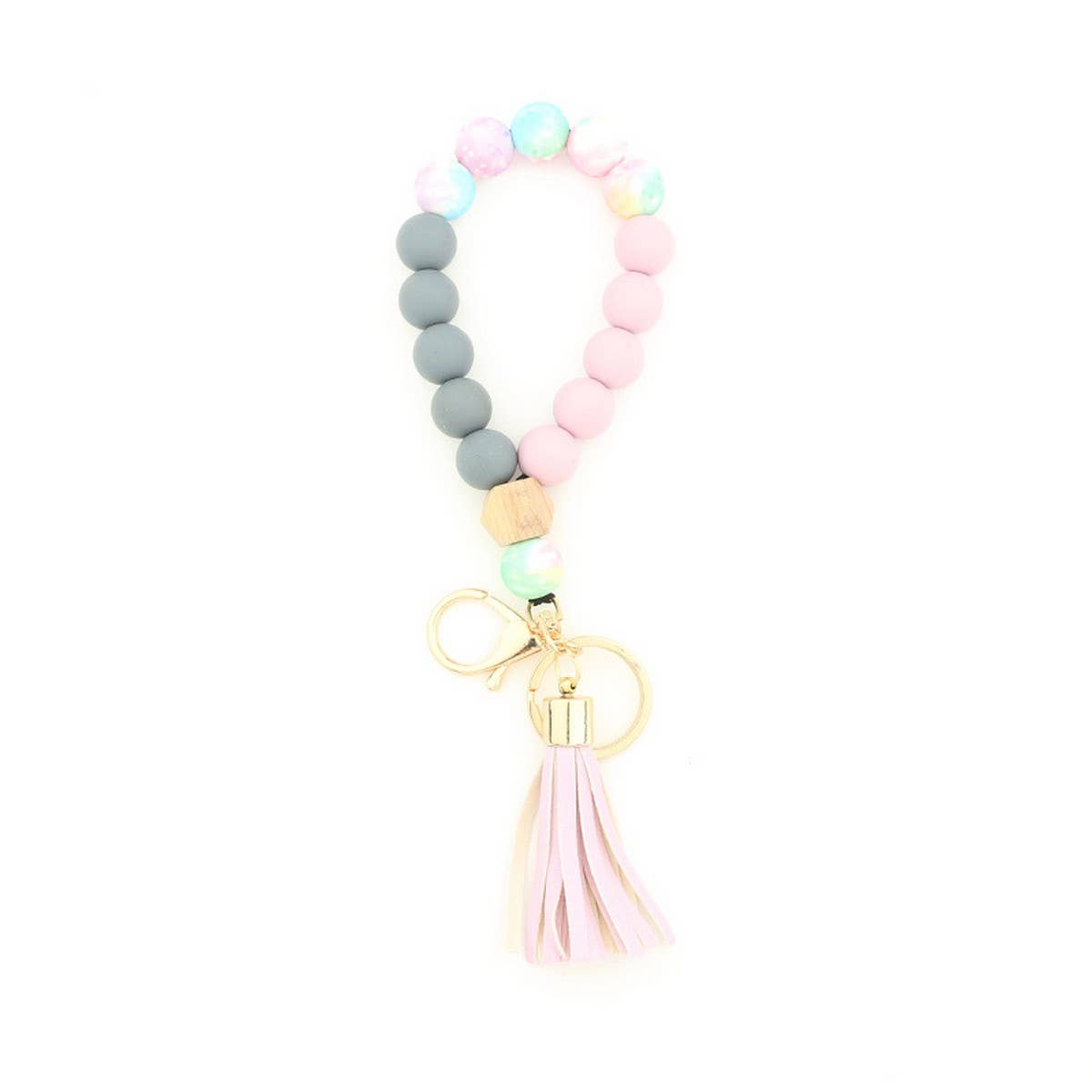Silicone & Wood Bead Bracelet with Leather Keychain