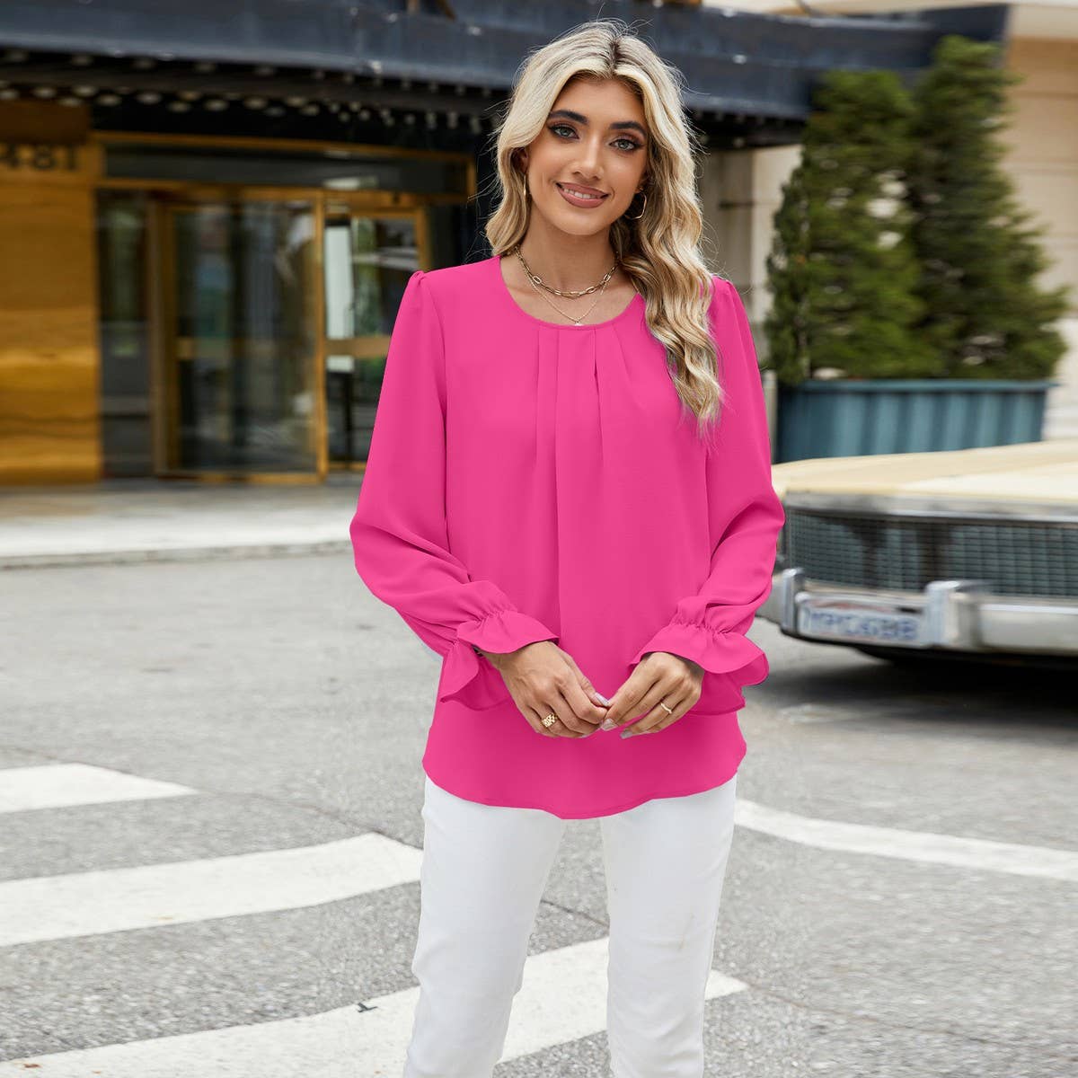 Solid color crew-neck long-sleeved loose chiffon