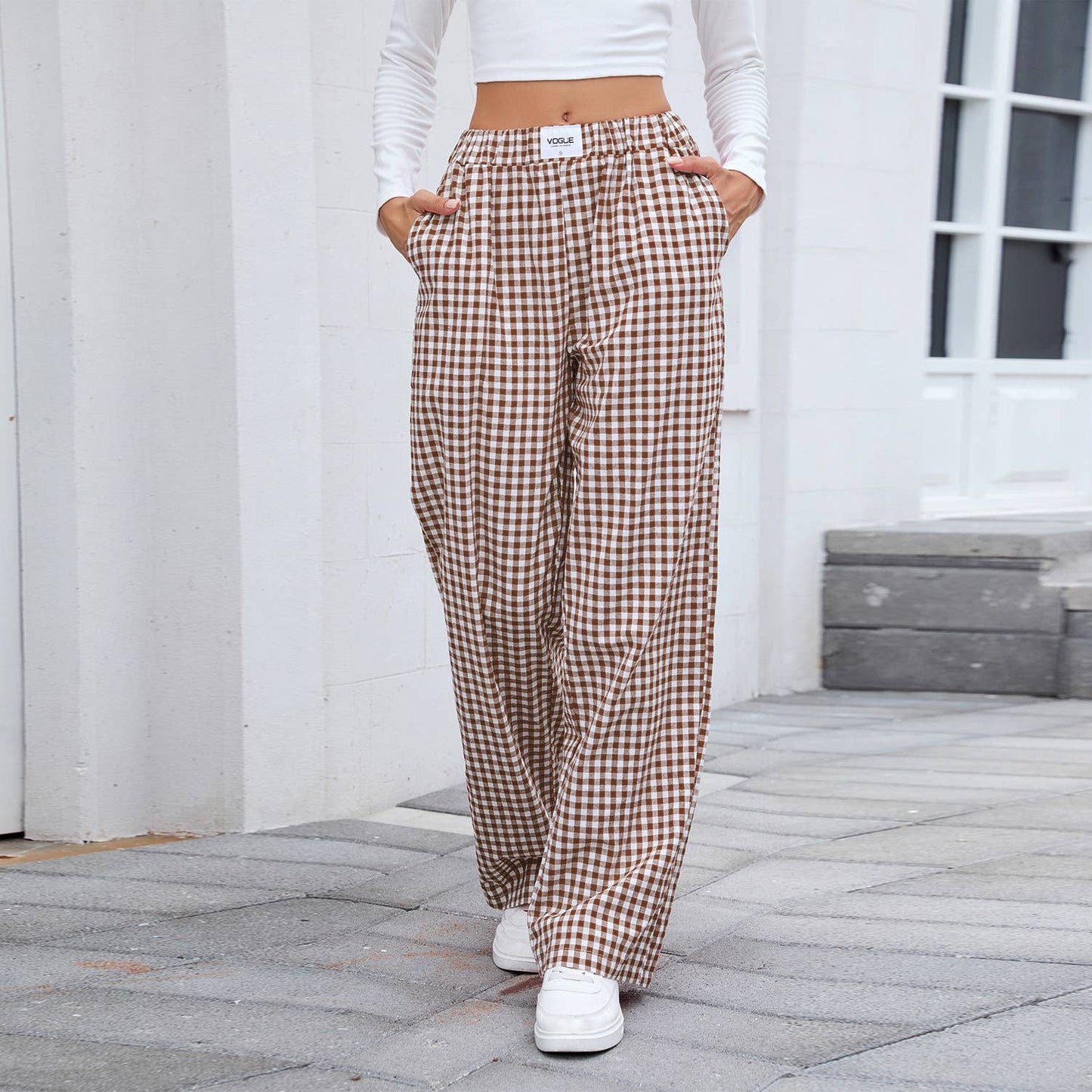 Pure cotton checkered casual loose trousers