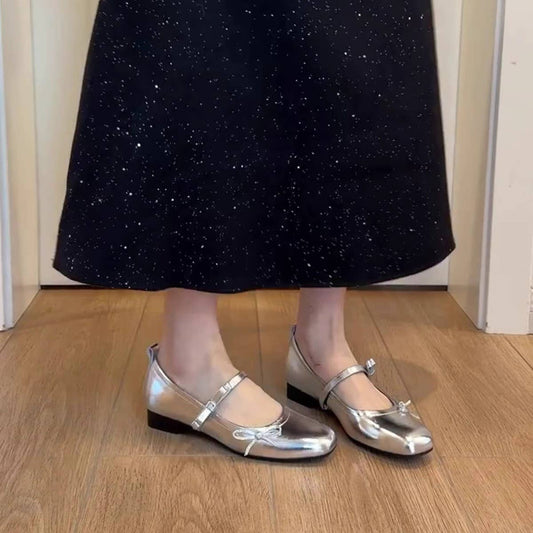Silver Leather Mary Janes with Bow Strap