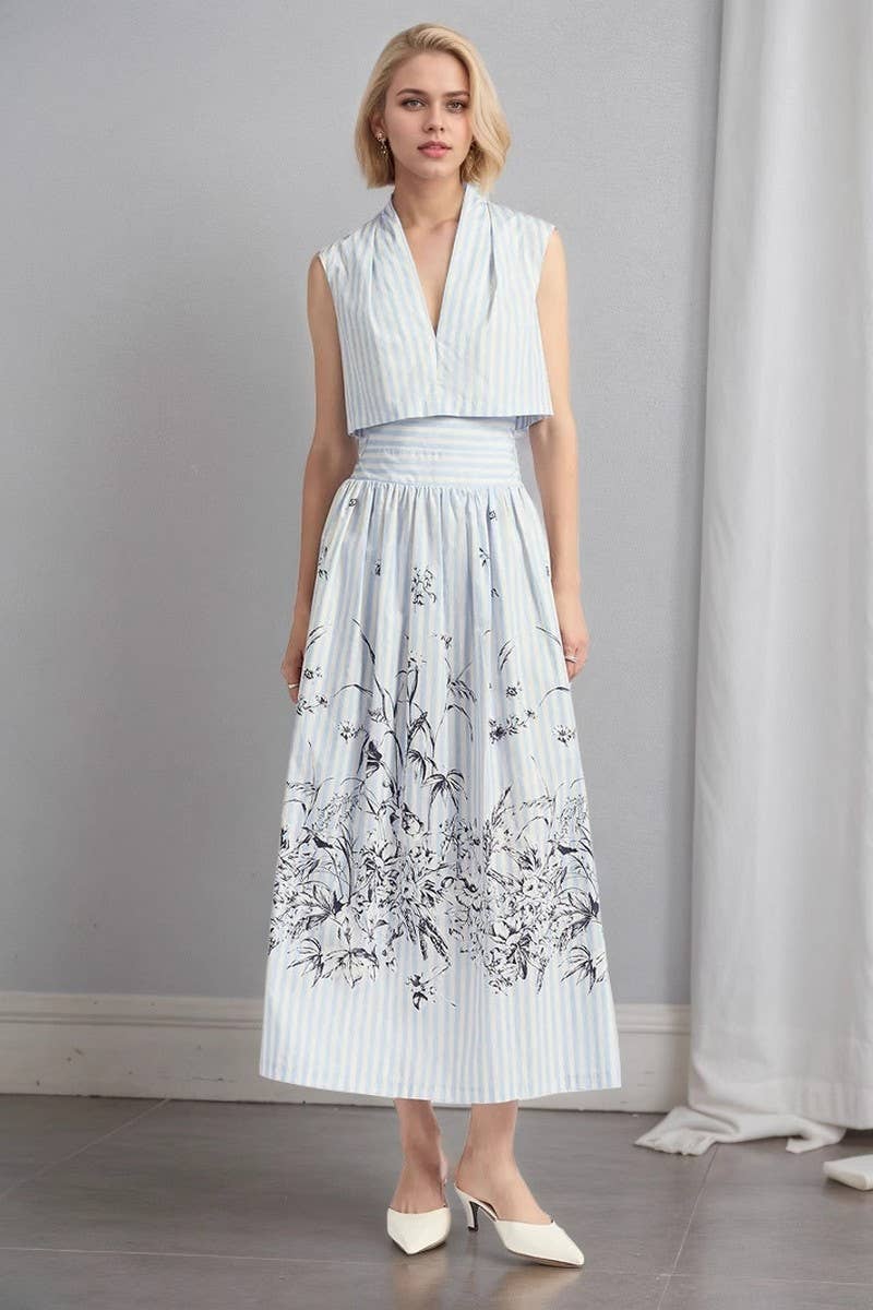 CWDMD6372_STRIPED V-NECK PRINTED SLEEVELESS DRESS