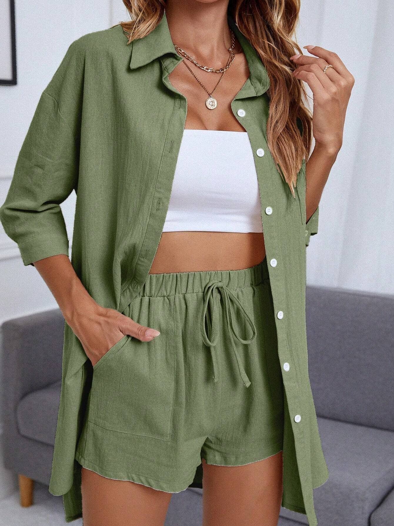 SINGLE BREASTED SHIRT SOLID COLOR LOOSE SUIT