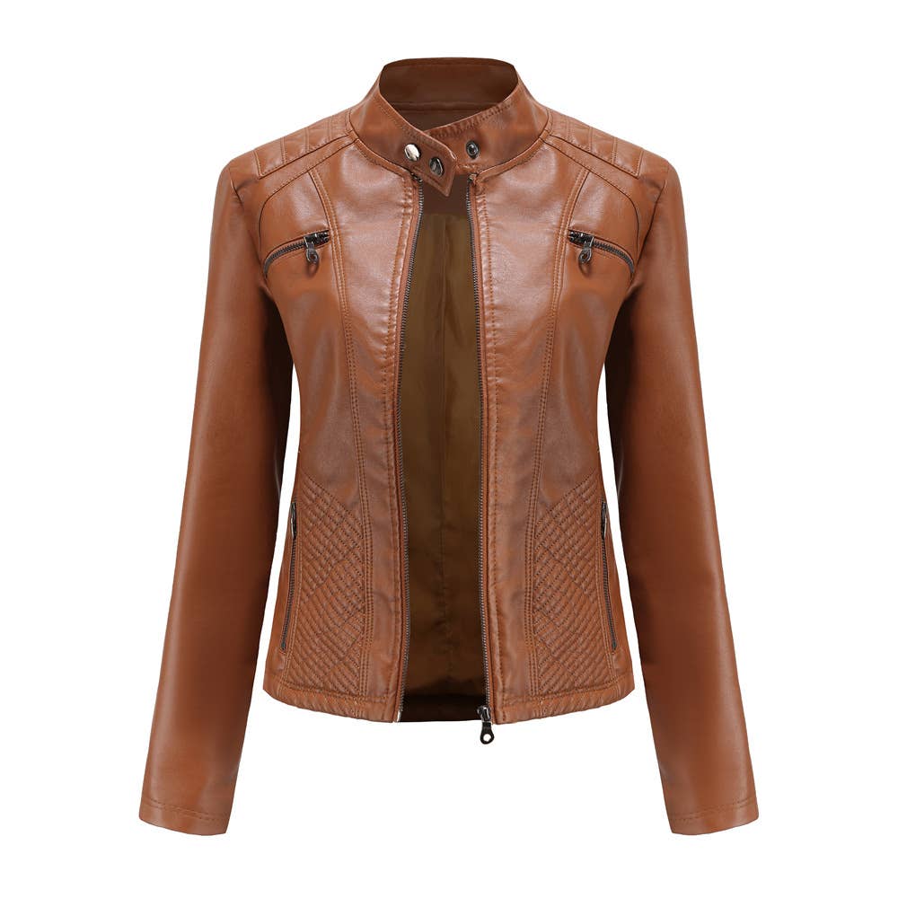 Women's leather stand-up collar jacket
