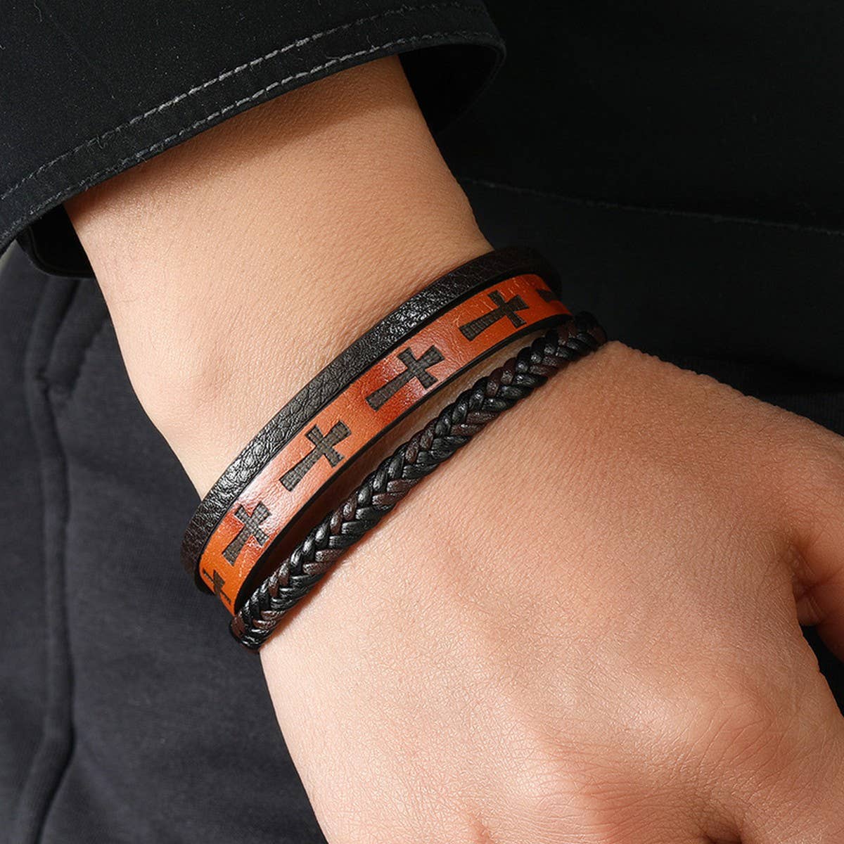 MULTI-LAYER HAND-WOVEN PU LEATHER CROSS BRACELET