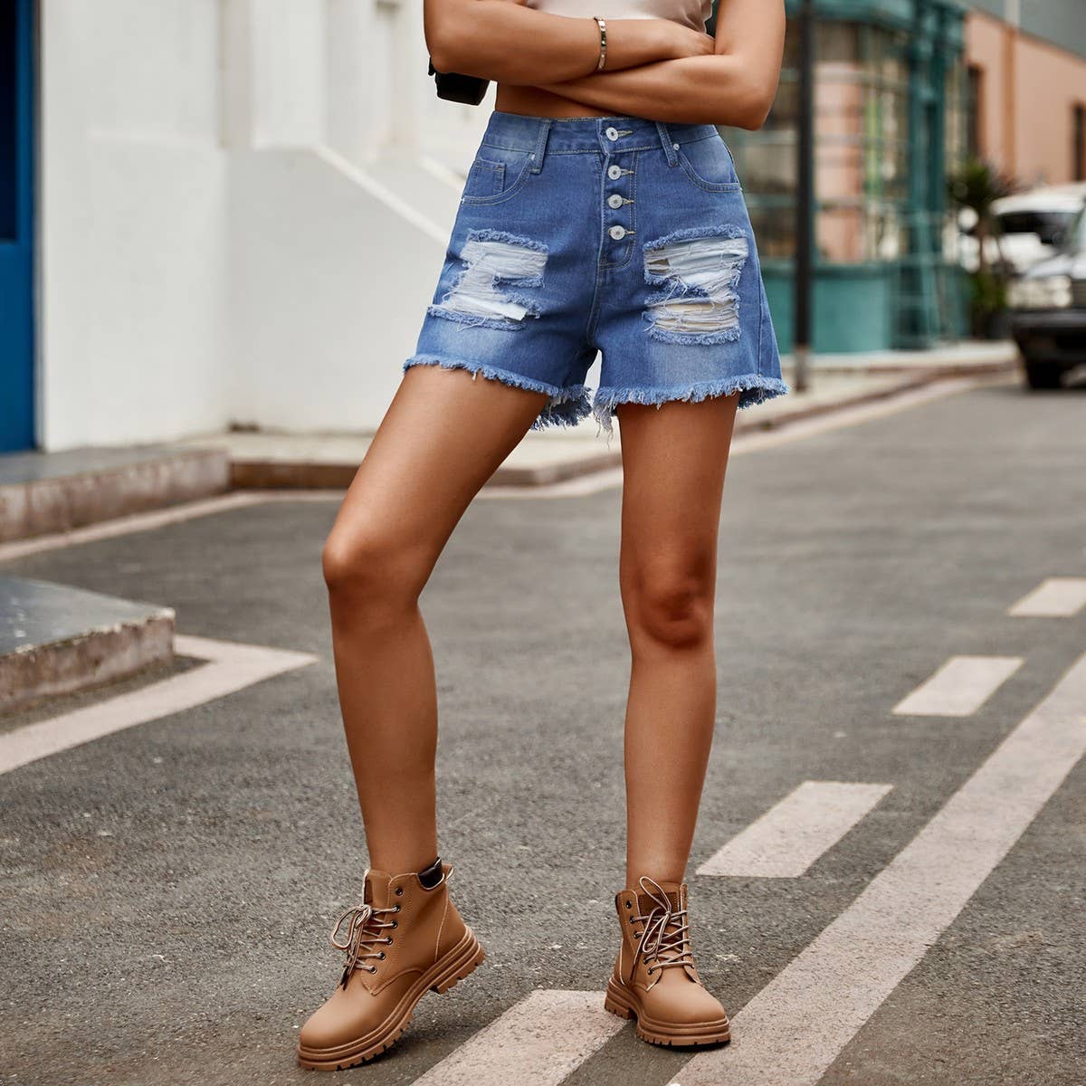 AMERICAN FLAG PRINT WASHED RIPPED DENIM SHORTS_CWJS0212