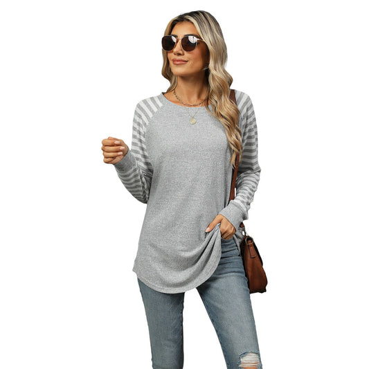 STRIPED PATCHWORK CREW NECK LONG SLEEVE T-SHIRT