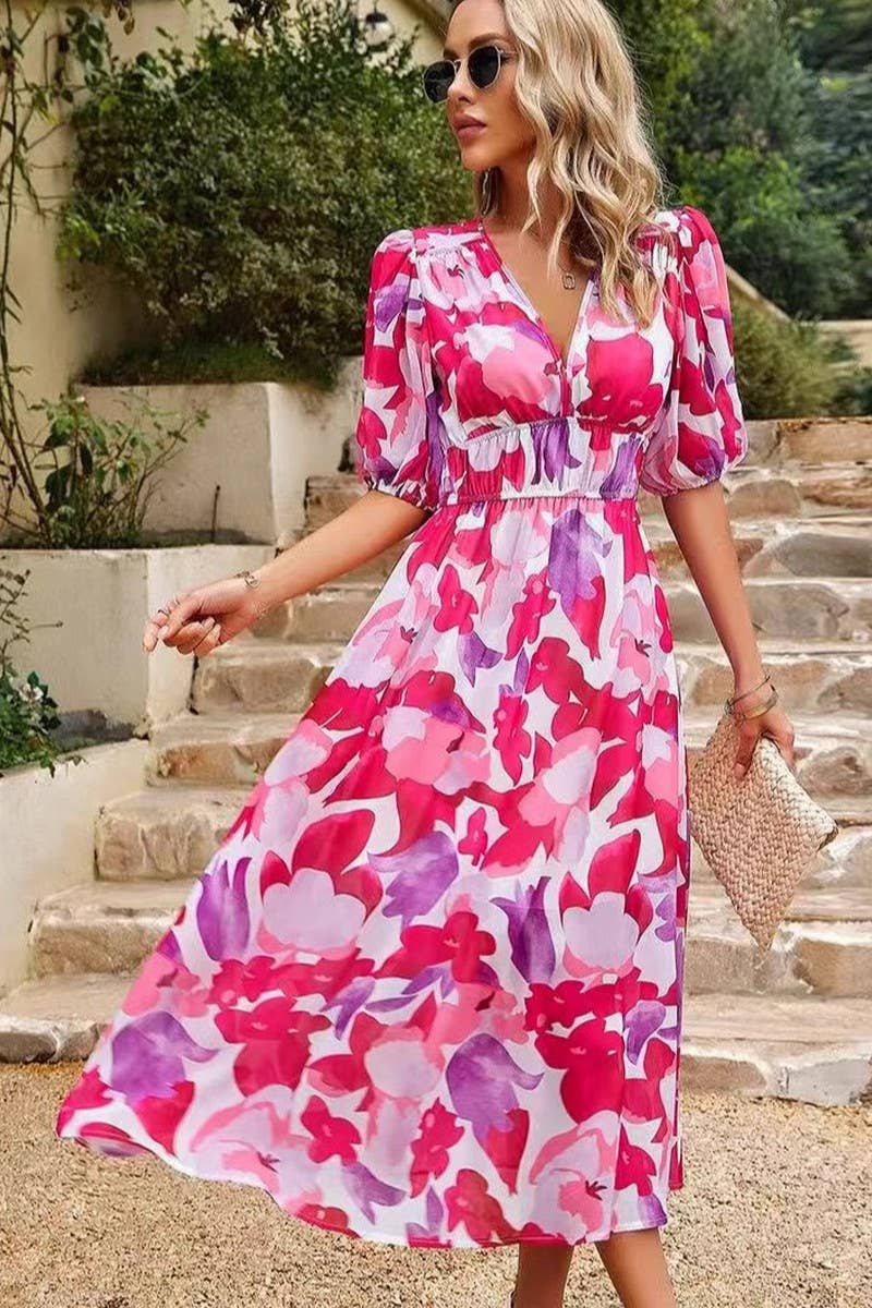 CWDMD5833_FLORAL V-NECK CINCHED WAIST MAXI DRESS