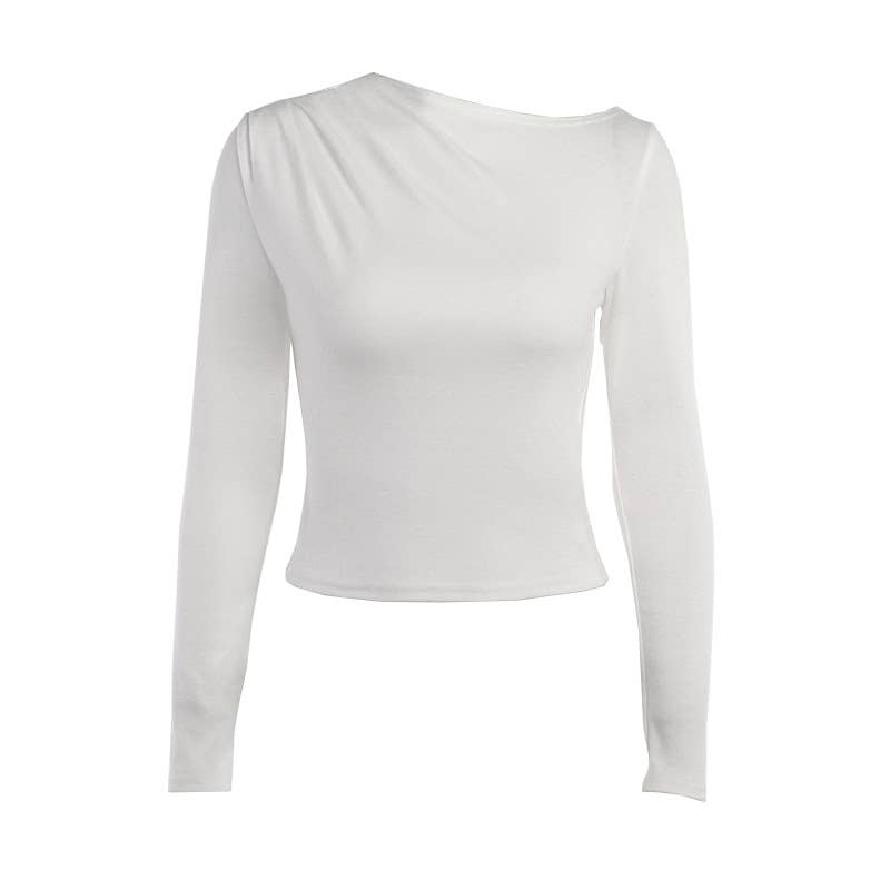 SOLID COLOR TRIMMED COLLAR RUFFLE SLIM-FIT TOP