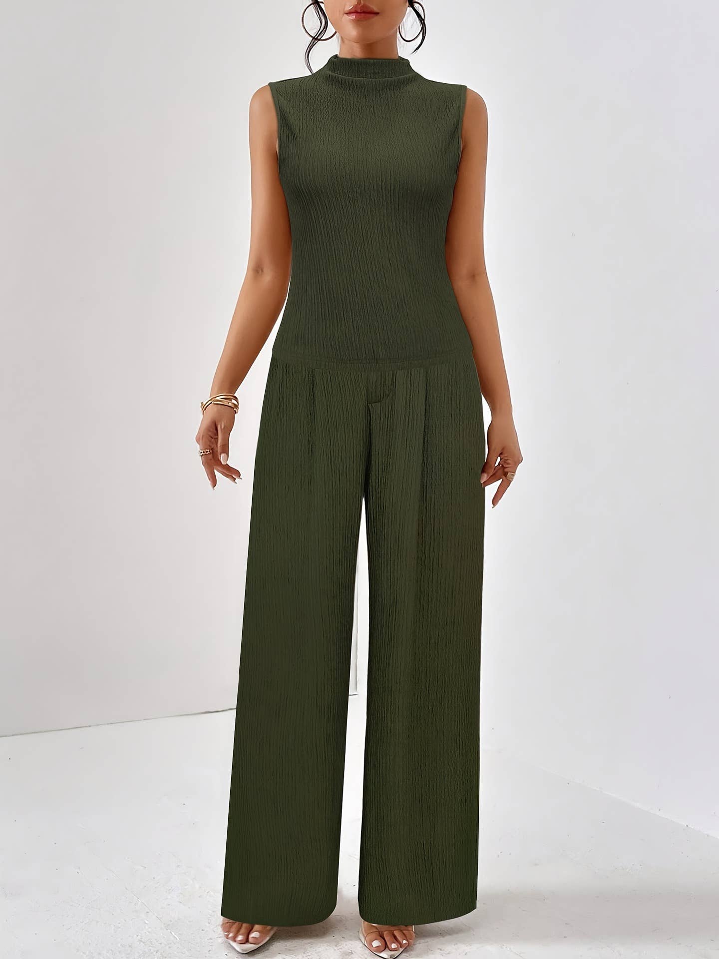 Jacquard stretch sleeveless pants wide leg pair