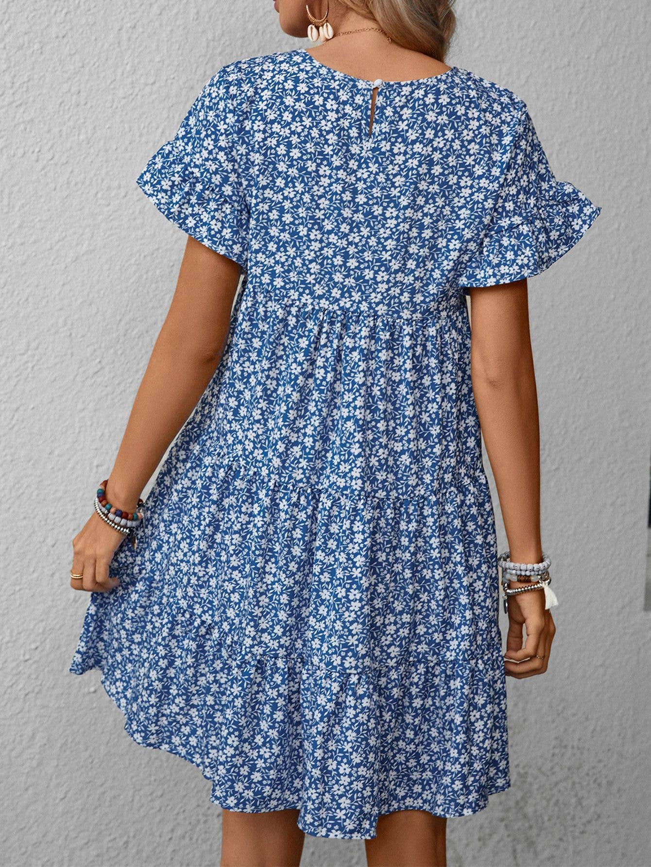 Leopard print floral crew-neck casual loose dress