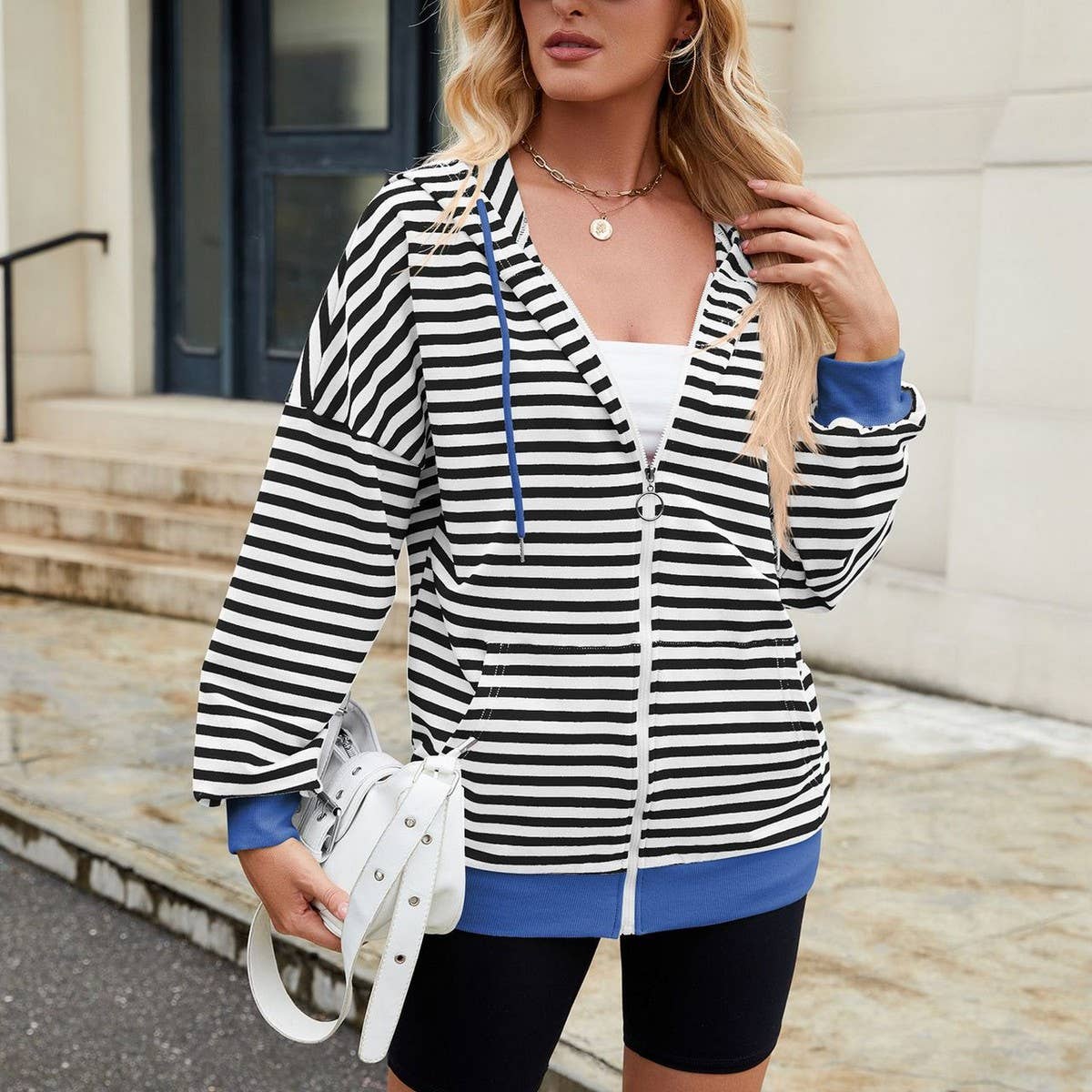Striped hooded long-sleeved hoodie