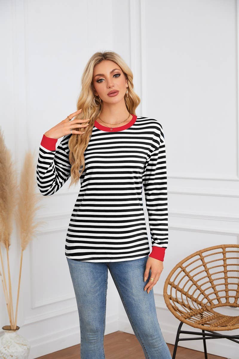 STRIPED CREW-NECK LONG-SLEEVED PULLOVER HOODIE