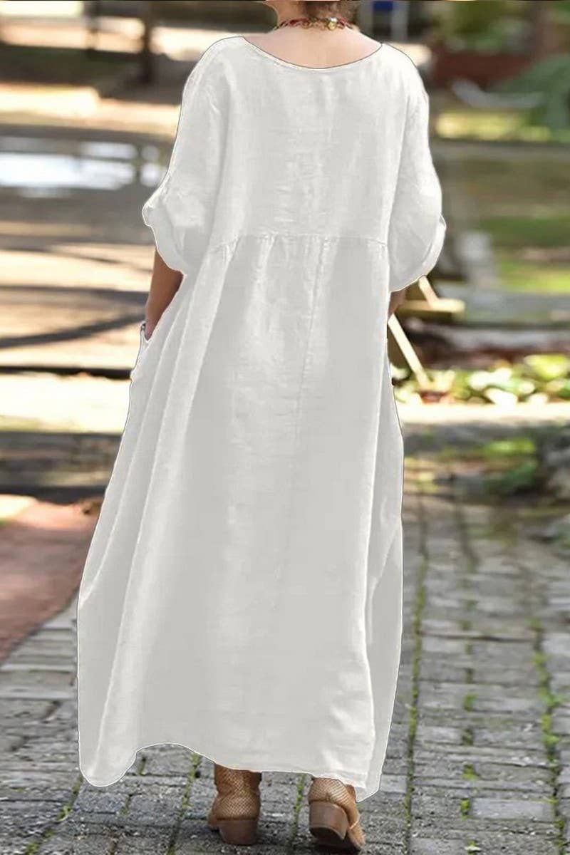 CWDMD4868_LONG SLEEVE V-NECK POCKET COTTON AND LINEN DRESS