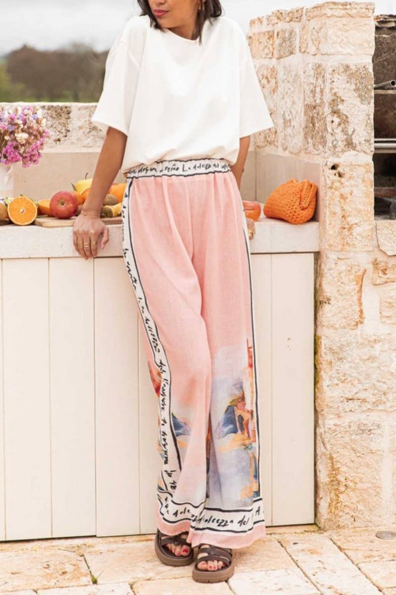 CWBLP885_GRAFFITI PRINT CASUAL WIDE-LEG STRAIGHT-LEG PANTS