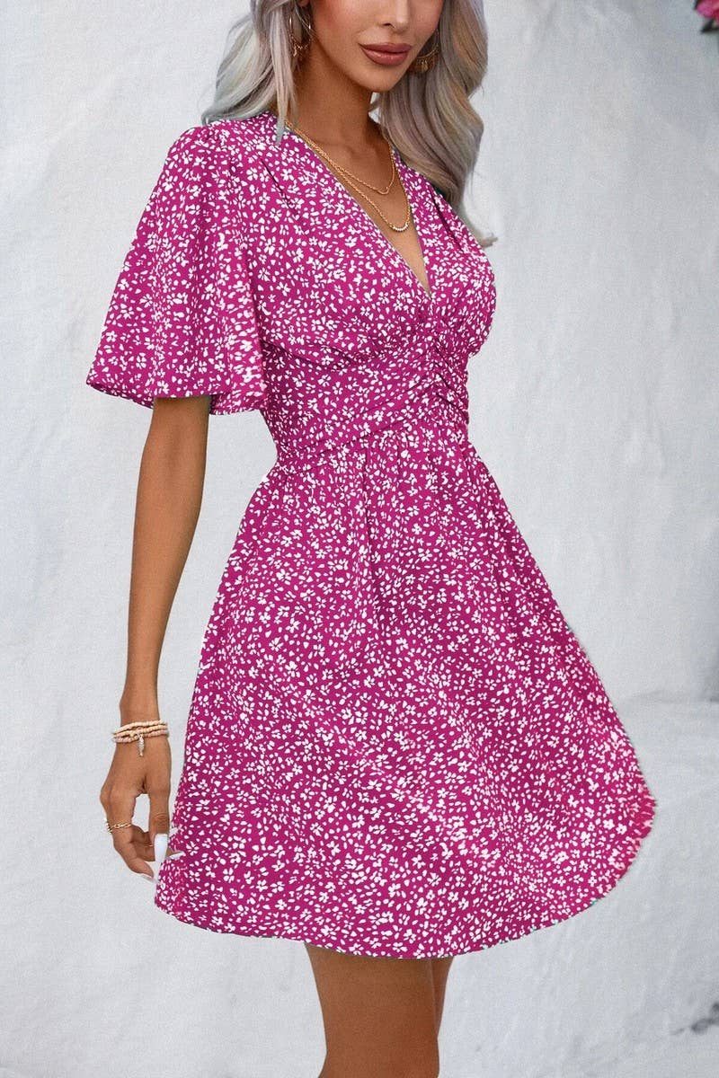 CWDSD7524_SUMMER V-NECK HIGH WAIST FLORAL PLEATED DRESS