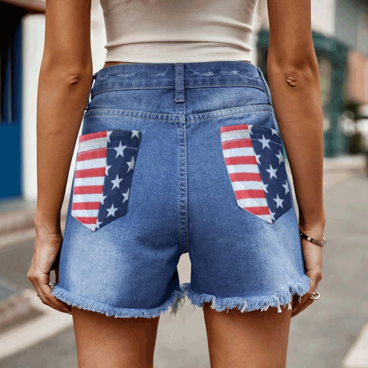 AMERICAN FLAG PRINT WASHED RIPPED DENIM SHORTS_CWJS0212