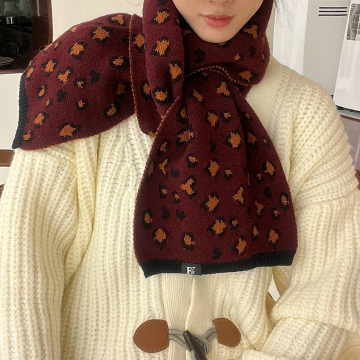 Beige Leopard Faux Cashmere Scarf for Fall/Winter_CWASC1258