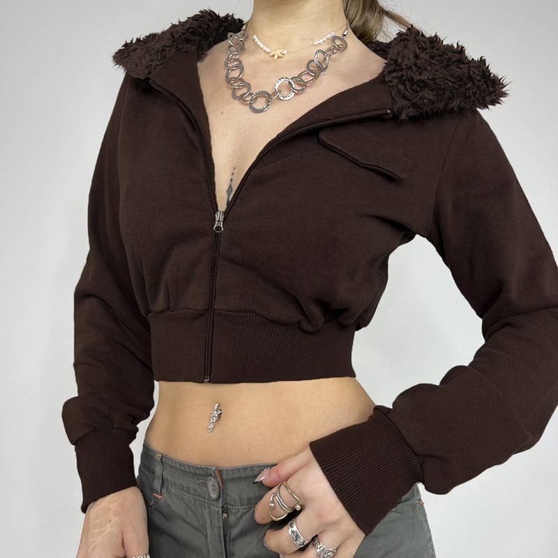 SOLID COLOR LOOSE SIMPLE ZIPPER FURRY JACKET