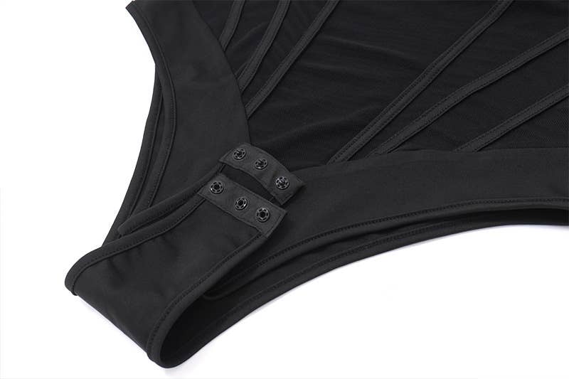 A corset, sheer, short, tight, cinched jumpsuit