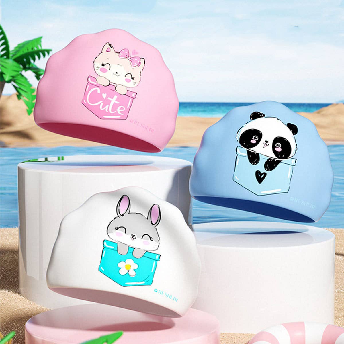 Girls' Silicone Swim Cap ? Cute Cartoon, Ear Cover