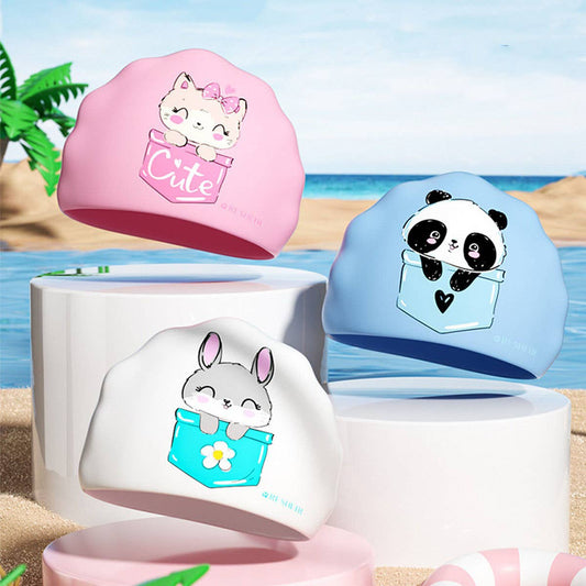 Girls' Silicone Swim Cap ? Cute Cartoon, Ear Cover