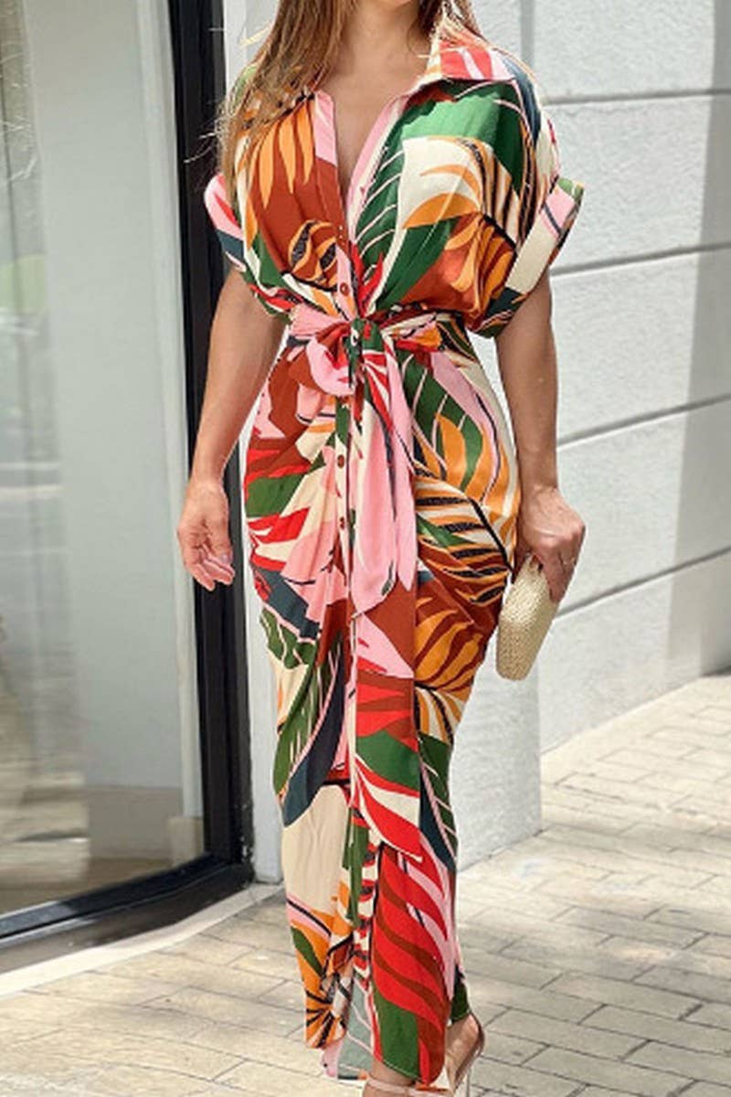 CWDMD4064_LAPEL PRINTED MIDI SHORT SLEEVE TIE SHIRT DRESS