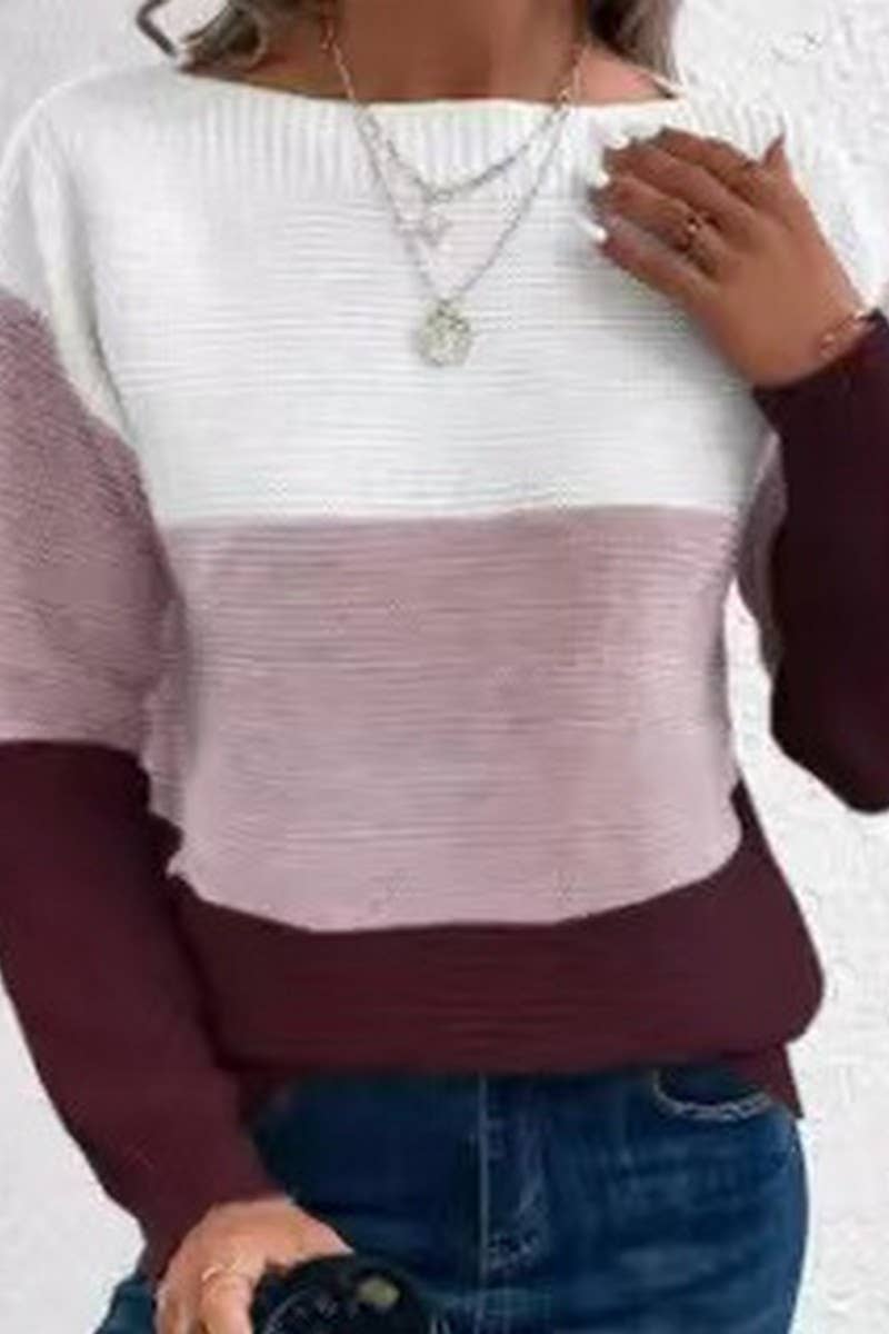 CWOSWL07648_CONTRAST COLOR PANELED CREW NECK KNIT TOP