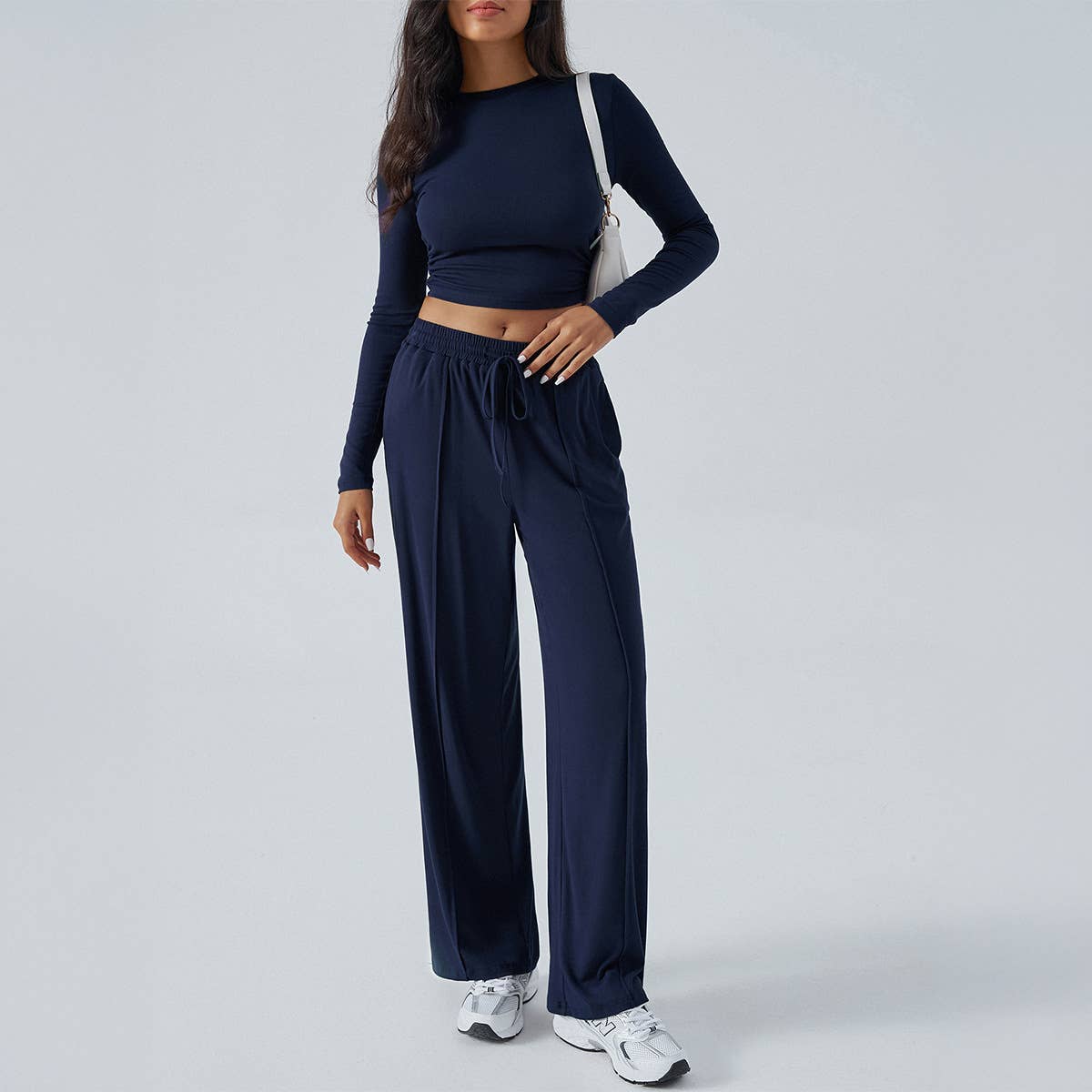 TEMPERAMENT ROUND NECK TOP WIDE LEG PANT SUIT