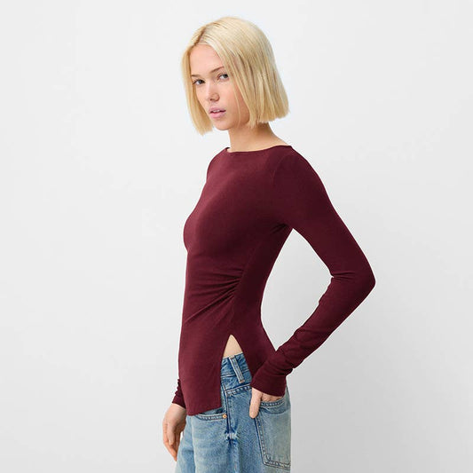 LINE NECK PLEATED SLIT SOLID COLOR T-SHIRT