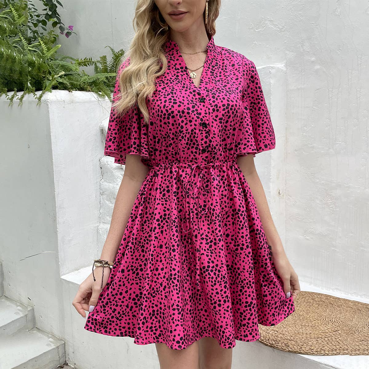 V-NECK SLIT SLIM PRINT LONG-SLEEVED DRESS