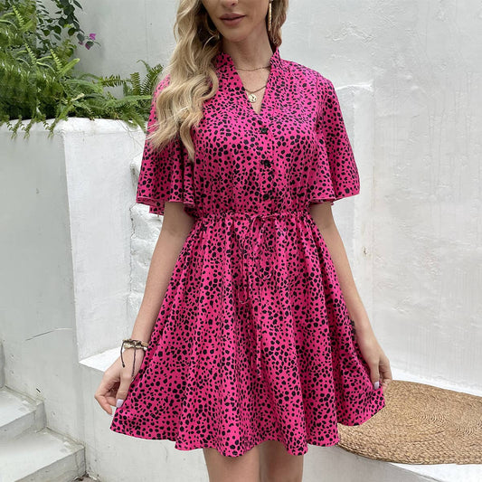 V-NECK SLIT SLIM PRINT LONG-SLEEVED DRESS