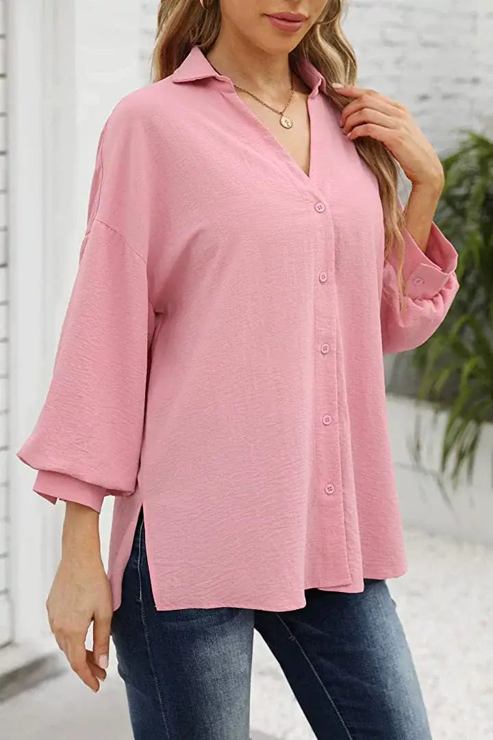 LANTERN SLEEVE BUTTON V-NECK CHIFFON CASUAL SHIRT